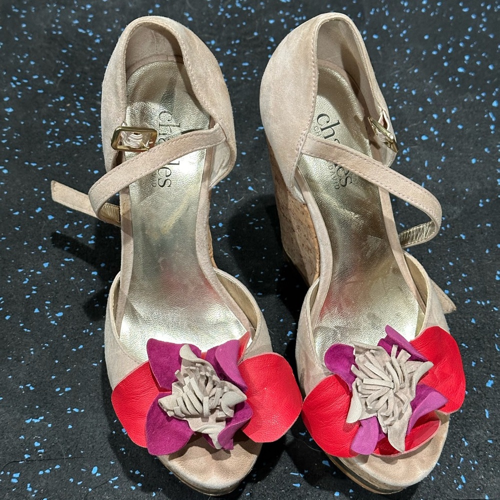 Charles by Charles David cork platform wedge suede flowers 6.5